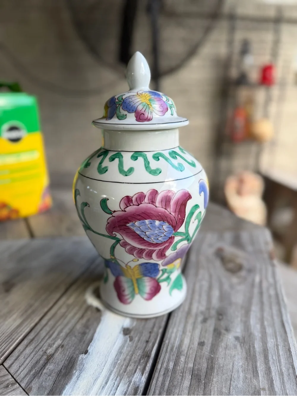 Hand-Painted Floral Ceramic Ginger Jar - White with Pink & Green
